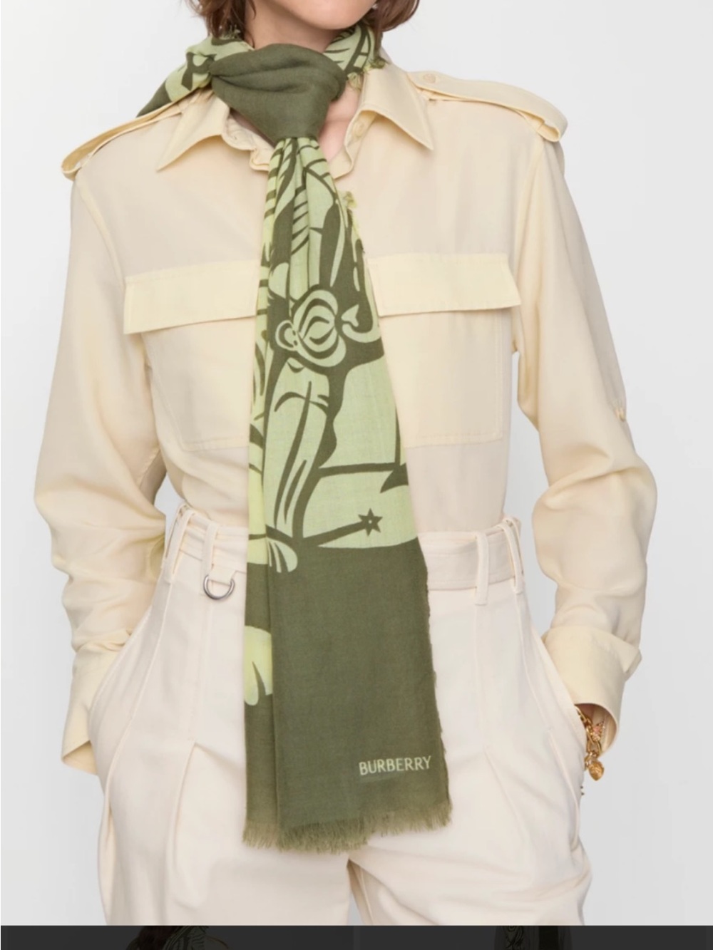 Burberry 200 x 70 cm Olive Green and Cream Floral Print Wrap Scarf
